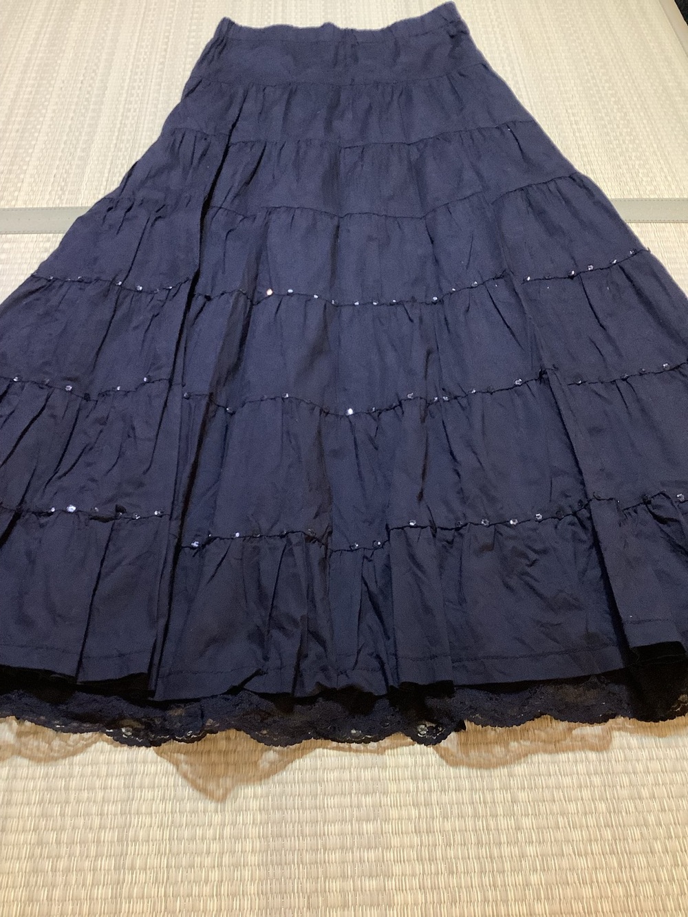 Silvergate Black Tiered Maxi Skirt Sequin Lace Western Boho Full Flare
